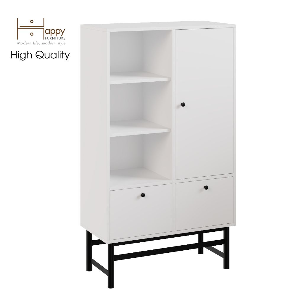 HAPPY FURNITURE , Kệ sách 2 ngăn kéo 1 cửa mở chân sắt - CATY , KSA_024 , 80cm x 39cm x 140cm