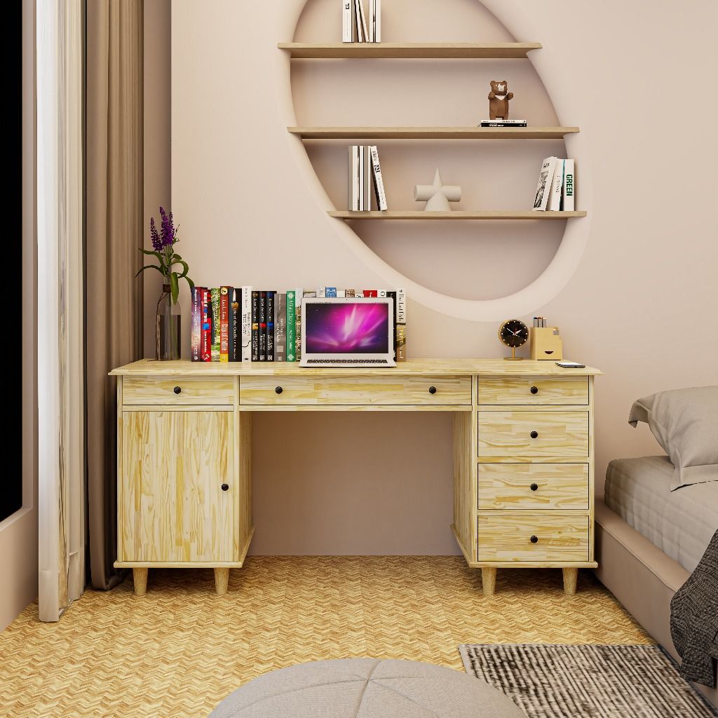 HAPPY FURNITURE , Gỗ tự nhiên , Bàn làm việc 6 ngăn kéo - FARAH , BAN_097 , 160cm x 55cm x 75cm