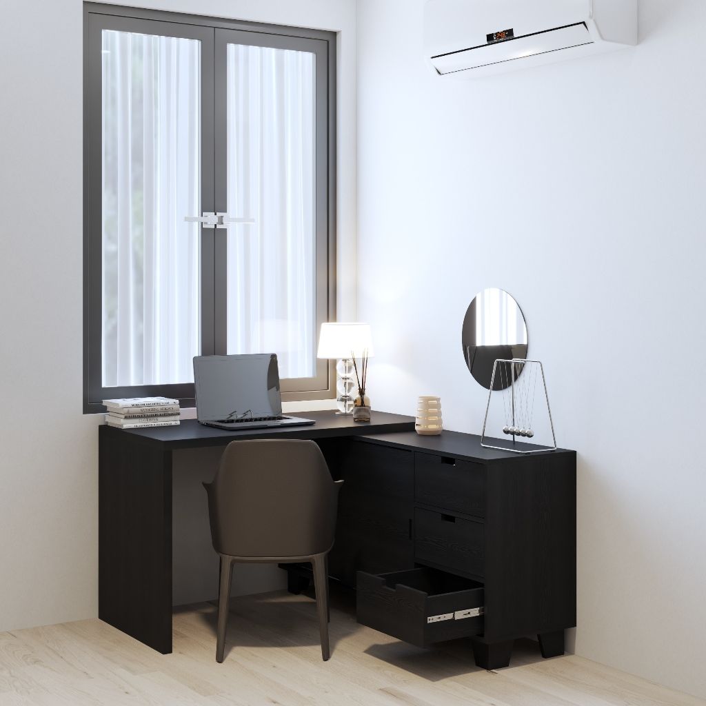 HAPPY FURNITURE , ALVA - Bàn làm việc 2 cửa lùa 3 ngăn kéo, BAN_127 , 140cm x 59cm x 72cm DxRxC
