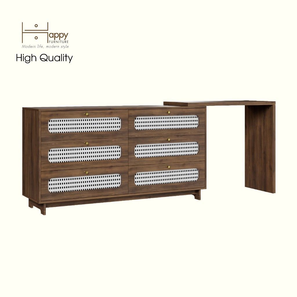 HAPPY FURNITURE , Tủ lưu trữ 6 ngăn kéo mây đan kết hợp bàn - VENNI , BAN_117 , 240cm x 45cm x 89cm DxRxC