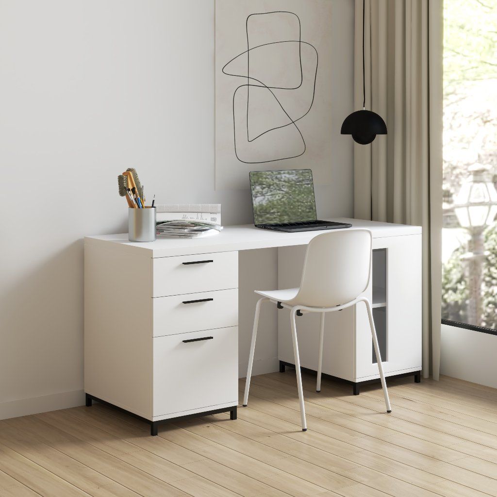 HAPPY FURNITURE , Bàn làm việc 3 ngăn kéo chân sắt - LOUIS , BAN_035 , 150cm x 60cm x 75cm