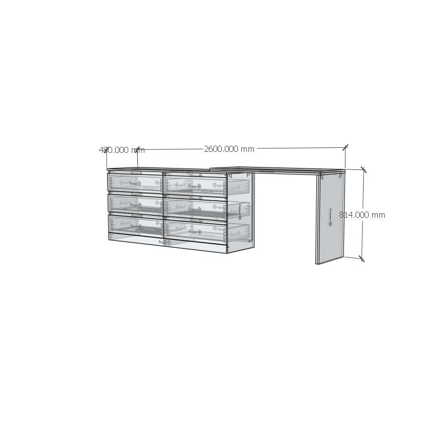 HAPPY FURNITURE , Tủ lưu trữ 6 ngăn kéo kết hợp bàn - VENNI , BAN_119 , 260cm x 48cm x 81cm DxRxC