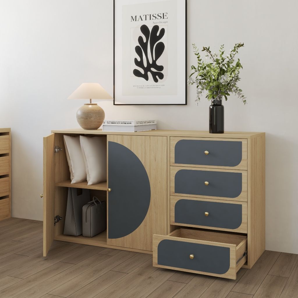 HAPPY FURNITURE , Tủ lưu trữ 2 cửa mở 4 ngăn kéo - BANA , TCM_126 , 140x40x76cm
