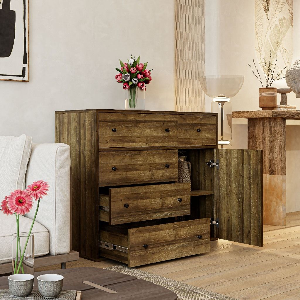 HAPPY FURNITURE , ZACY - Tủ lưu trữ 5 ngăn kéo 1 cửa mở, THK_218 , 100cm x 40cm x 82cm DxRxC, Sản phẩm phổ thông