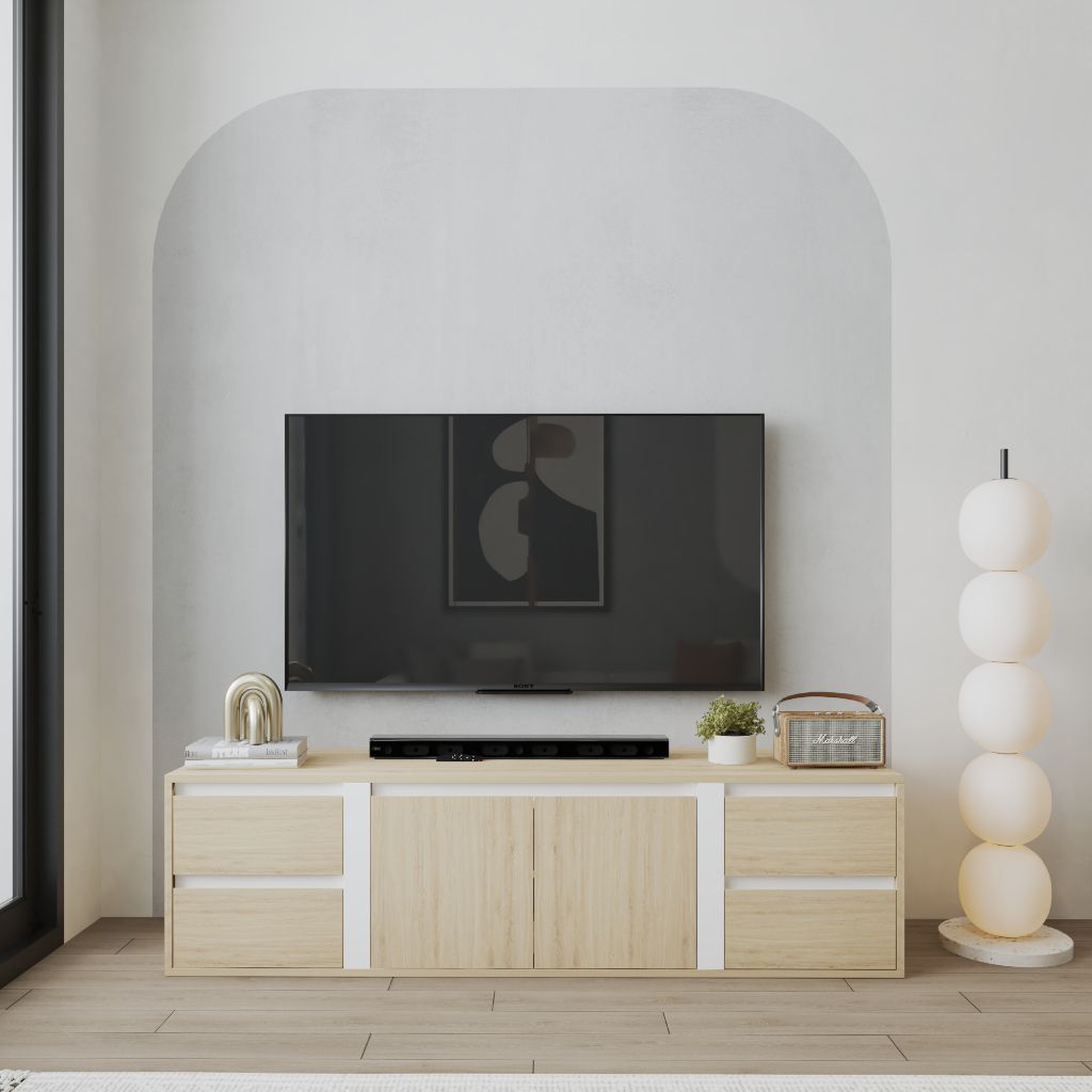 HAPPY FURNITURE , Kệ TV 2 cửa mở 4 ngăn kéo - ELIS , KTV_107 , 165cm x 45cm x 45cm DxRxC