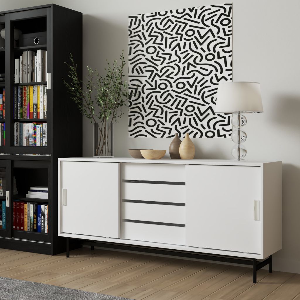 HAPPY FURNITURE , Tủ lưu trữ 4 ngăn cánh lùa chân sắt - LUCA , TCL_022 , 150cm x 36cm x 70cm