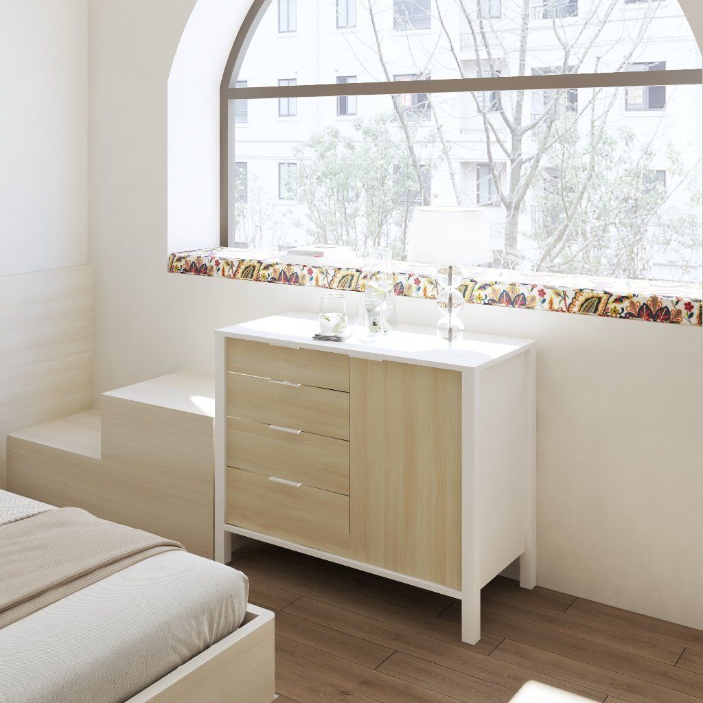 HAPPY FURNITURE , Tủ lưu trữ 4 ngăn kéo 1 cứa mở - MOKA, THK_251 , 100cm x 45cm x 80cm DxRxC