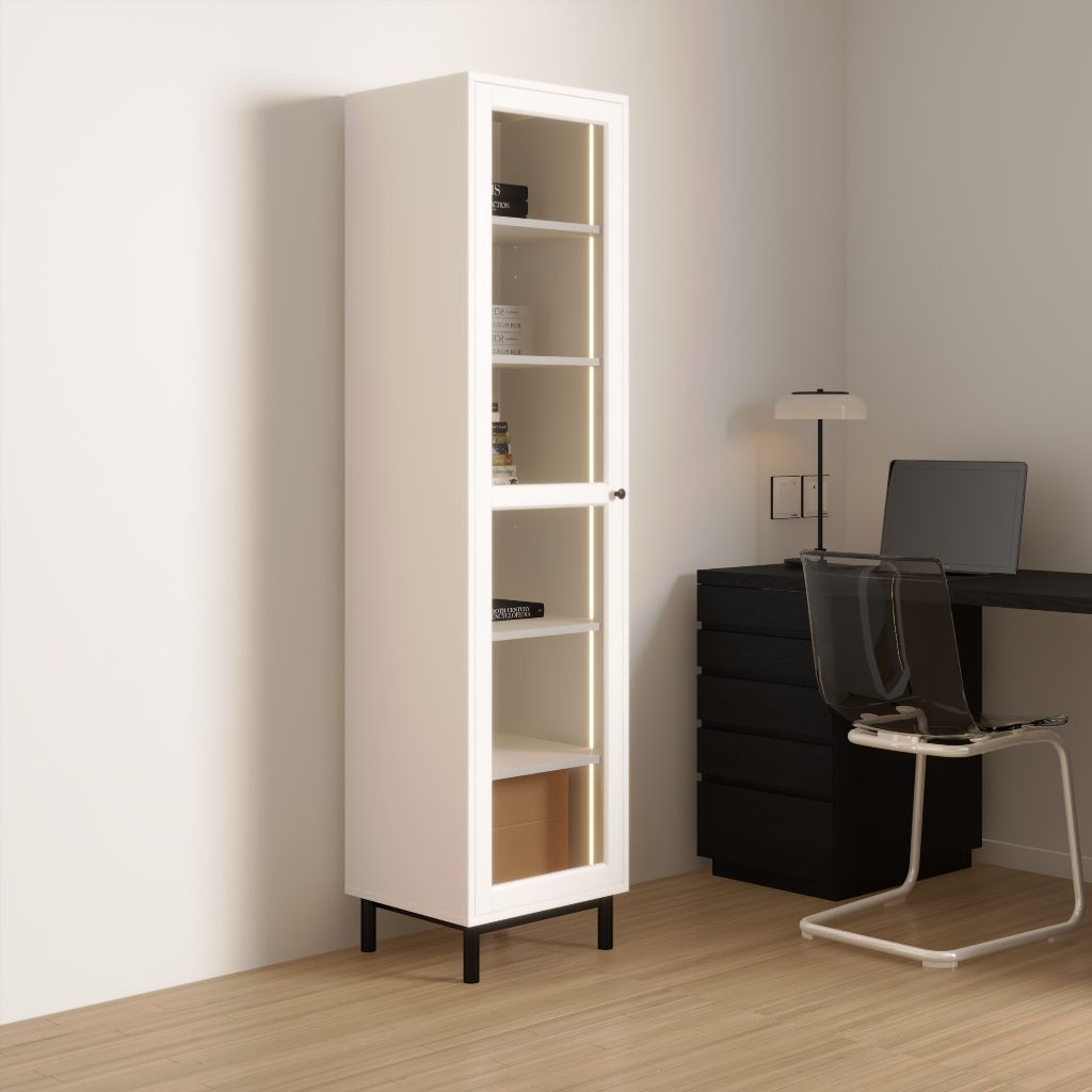 HAPPY FURNITURE , Kệ sách 6 tầng đèn Led cửa kính chân sắt - LILY , KSA_018_LED , 45cm x 40cm x 180cm