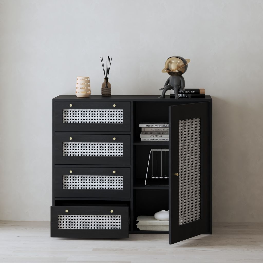 HAPPY FURNITURE , Tủ lưu trữ 4 ngăn kéo 1 cửa mở - MAY , TLT_060 , 110cm x 45cm x 93cm DxRxC
