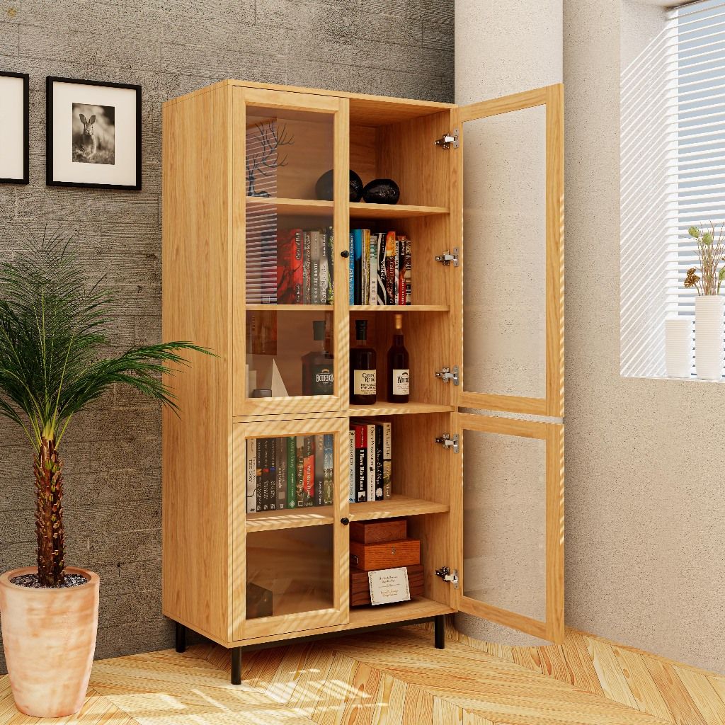 HAPPY FURNITURE , Kệ sách 5 tầng cửa kính chân sắt - CATY , KSA_020 , 90cm x 39cm x 180cm