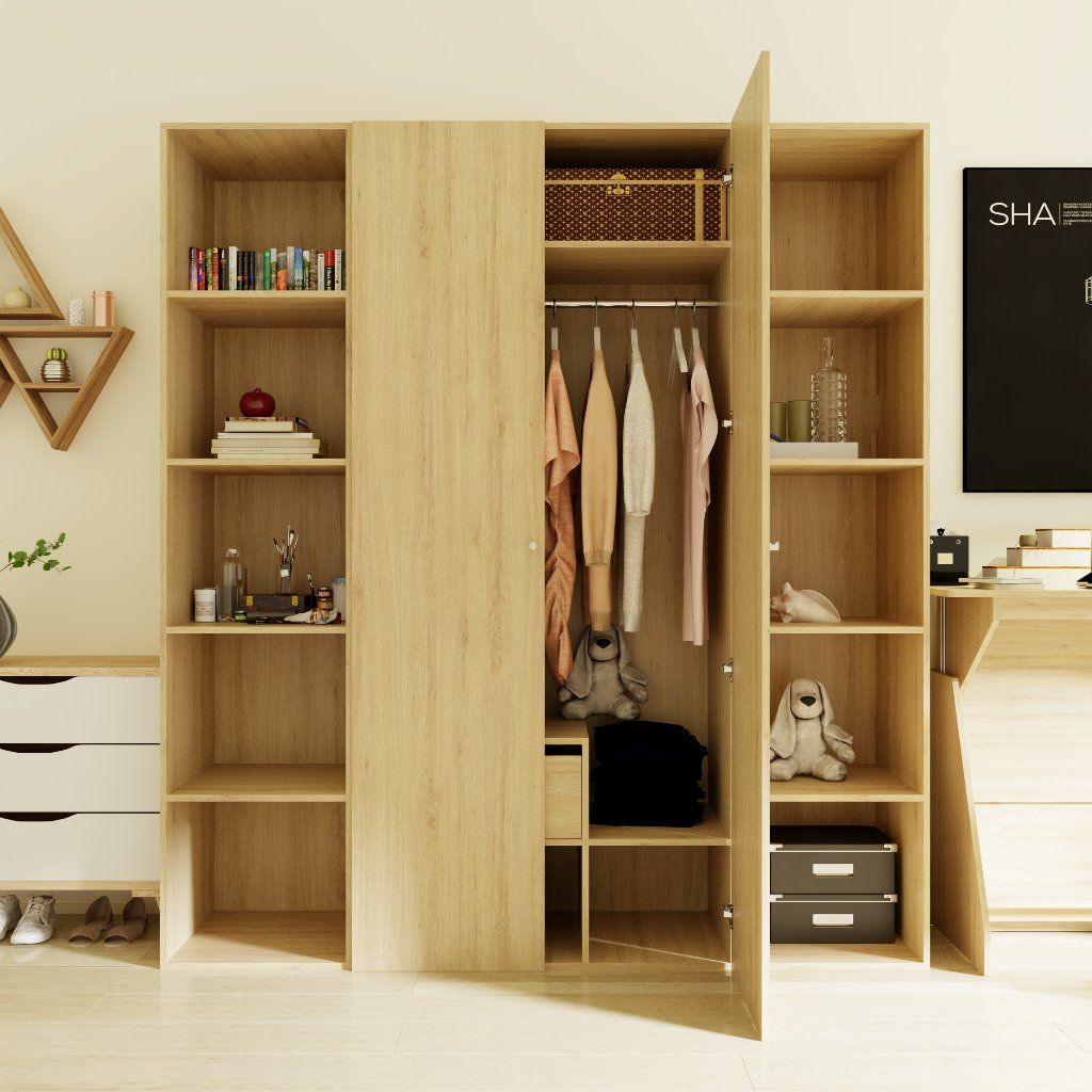 HAPPY FURNITURE , Tủ quần áo 2 cửa mở kết hợp 2 kệ bên - SCANDINA , TCM_100 , 200cm x 55cm x 220cm
