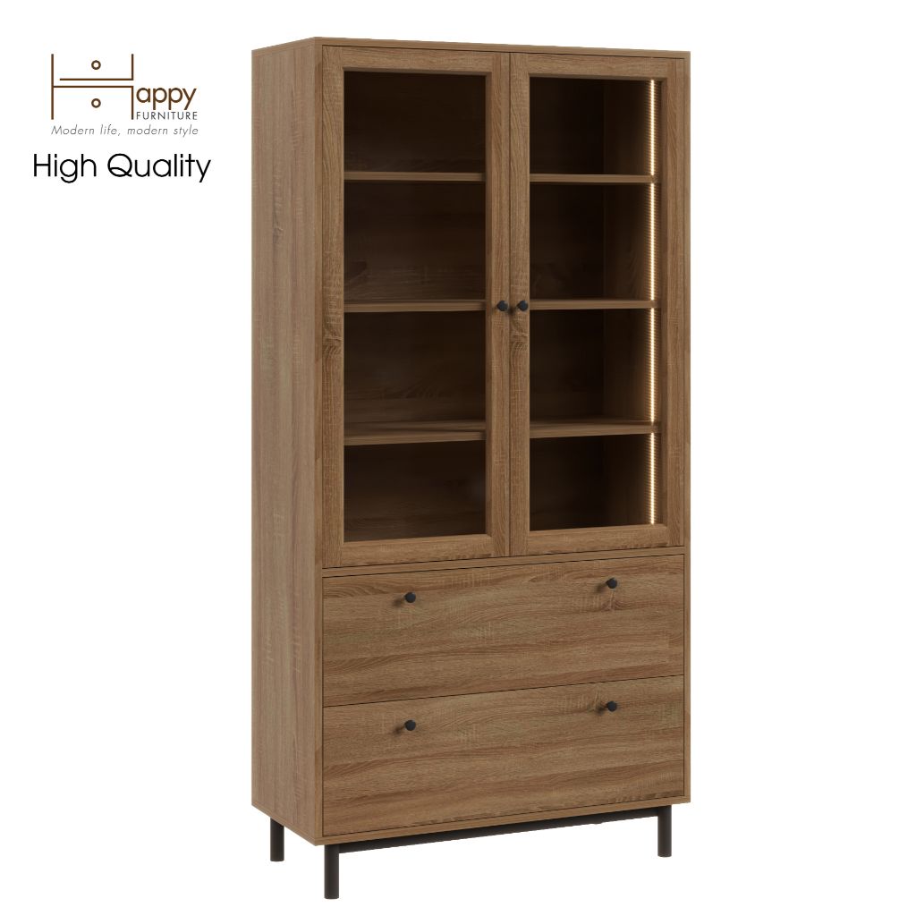 HAPPY FURNITURE , Kệ sách cửa kính 2 ngăn kéo đèn LED chân sắt - CATY , KSA_019_LED , 90cm x 39cm x 180cm