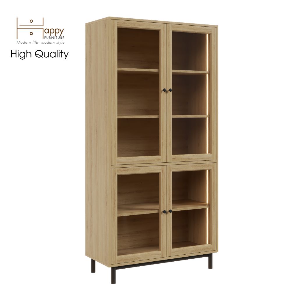 HAPPY FURNITURE , Kệ sách 5 tầng cửa kính đèn Led chân sắt - CATY , KSA_020_LED , 90cm x 39cm x 180cm