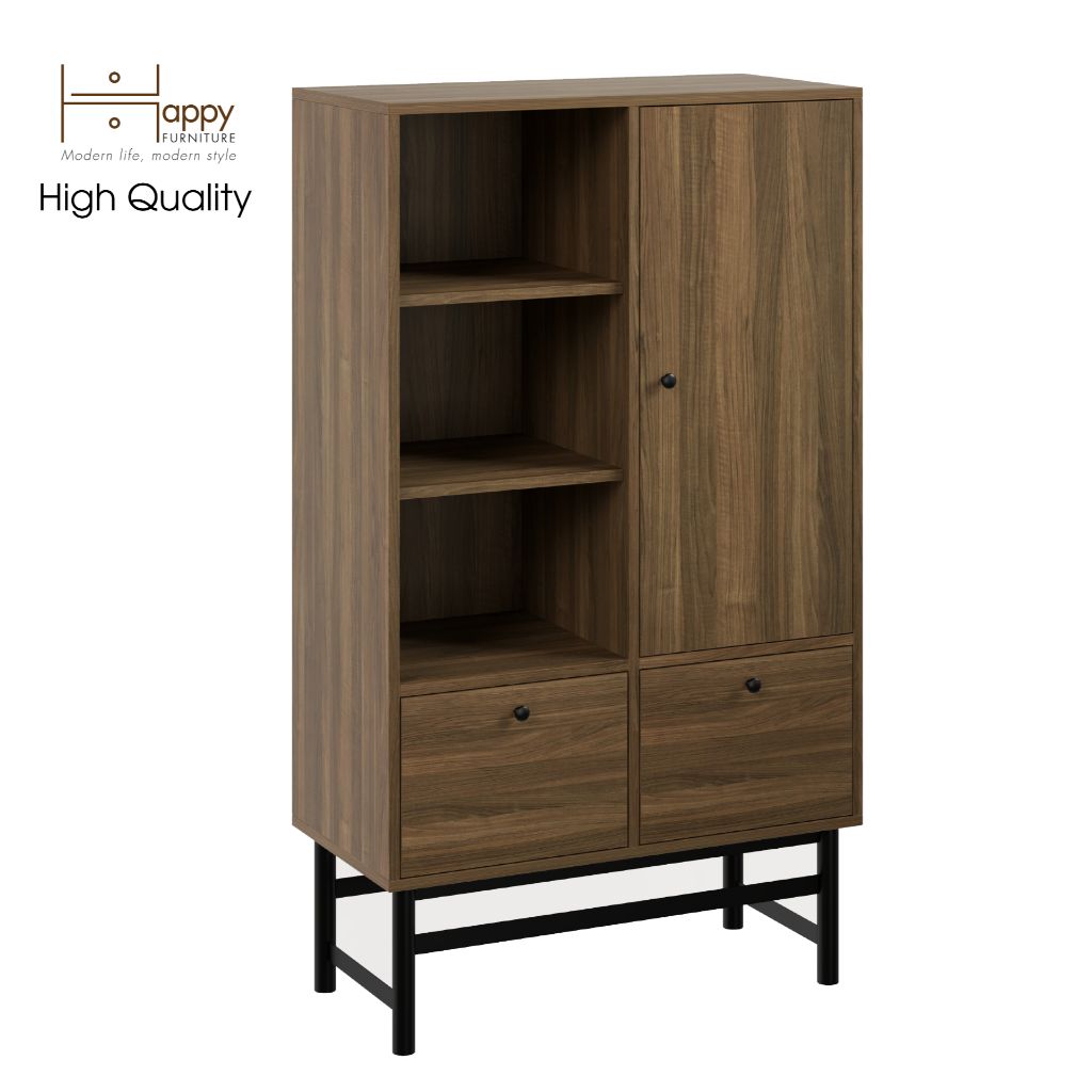 HAPPY FURNITURE , Kệ sách 2 ngăn kéo 1 cửa mở chân sắt - CATY , KSA_024 , 80cm x 39cm x 140cm