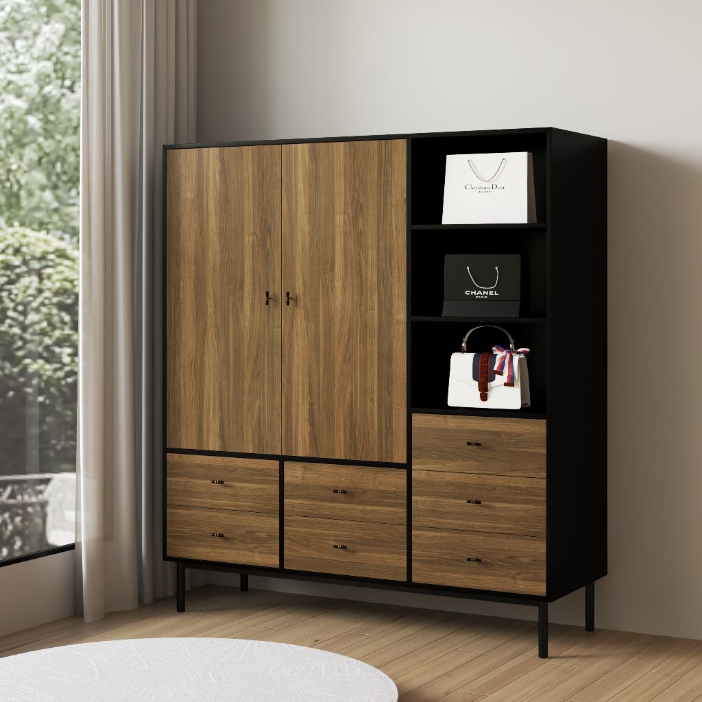HAPPY FURNITURE , Tủ quần áo 2 cánh mở chân sắt - BECKY , TCM_014 , 160cm x 55cm x 180cm