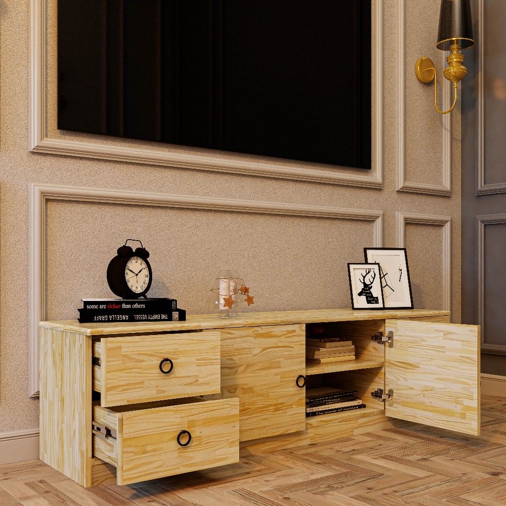 HAPPY FURNITURE , Gỗ tự nhiên , Kệ TV 2 cửa mở 4 ngăn kéo - YANNA , KTV_058_THG , 160cm x 40cm x 45cm