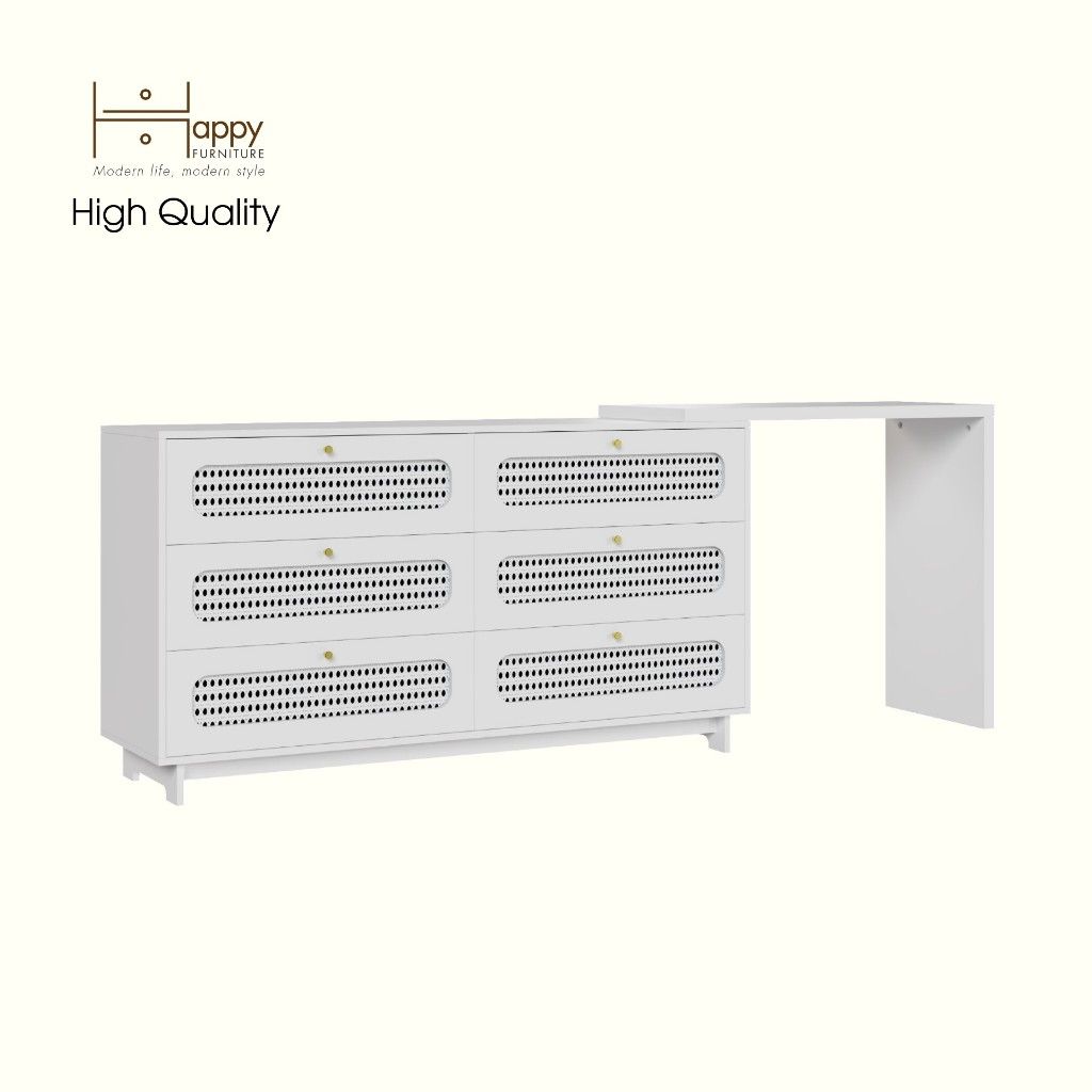 HAPPY FURNITURE , Tủ lưu trữ 6 ngăn kéo mây đan kết hợp bàn - VENNI , BAN_117 , 240cm x 45cm x 89cm DxRxC