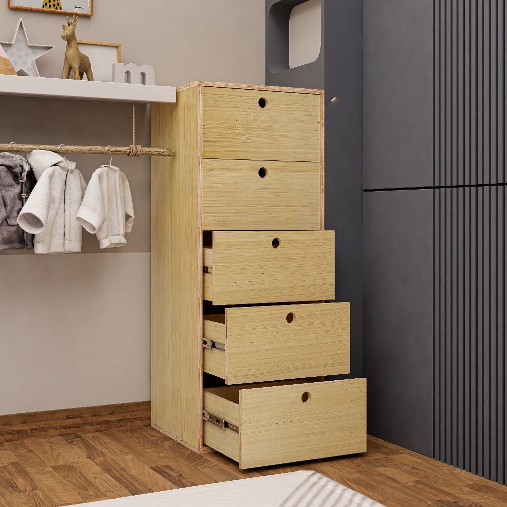 HAPPY FURNITURE , Gỗ tự nhiên , Tủ lưu trữ 5 ngăn kéo gỗ Plywood - SANARI , THK_199 , 54cm x 45cm x 134cm DxRxC