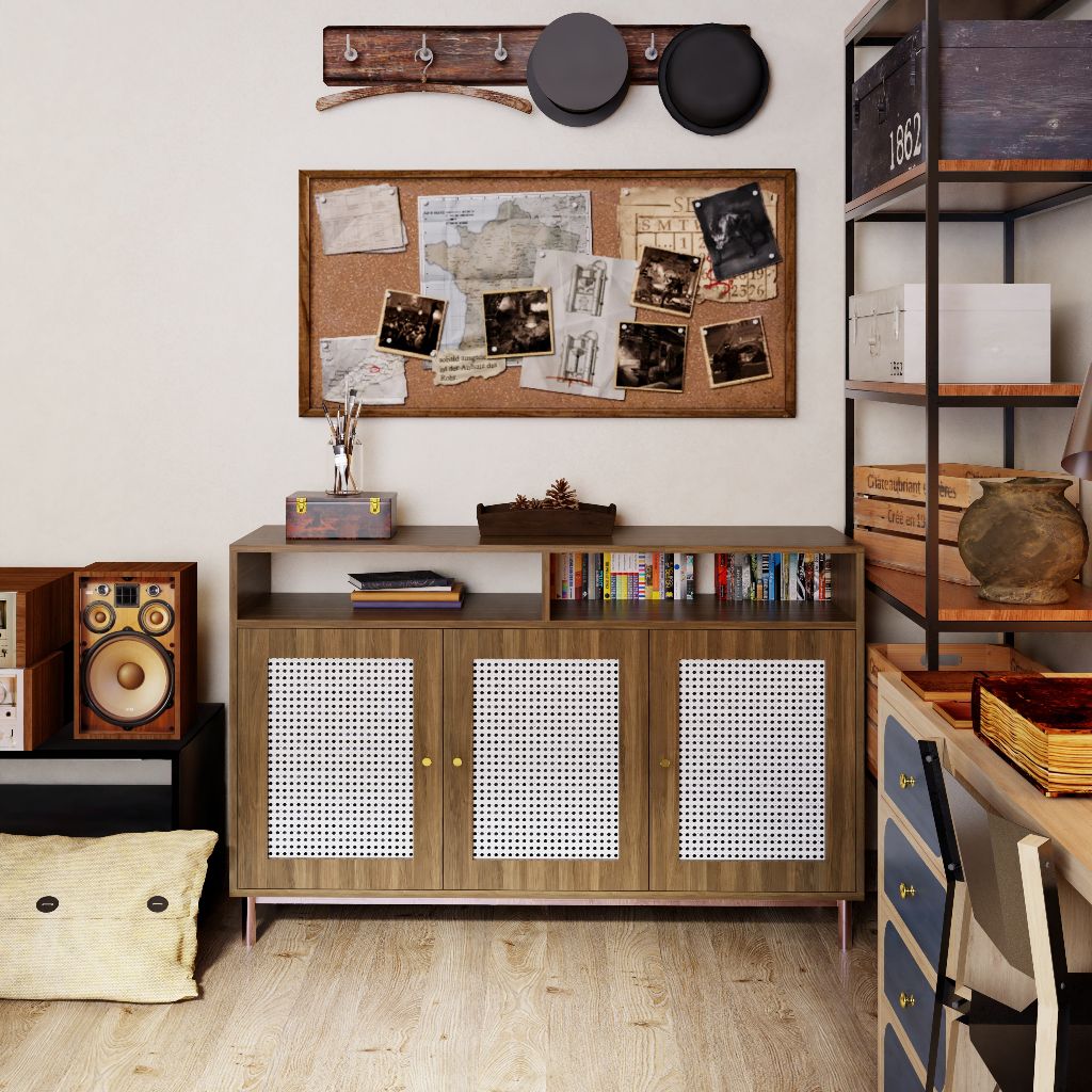 HAPPY FURNITURE , Tủ lưu trữ 3 cửa mở chân sắt - ROTAN , TCM_134 , 140cm x 40cm x 90cm