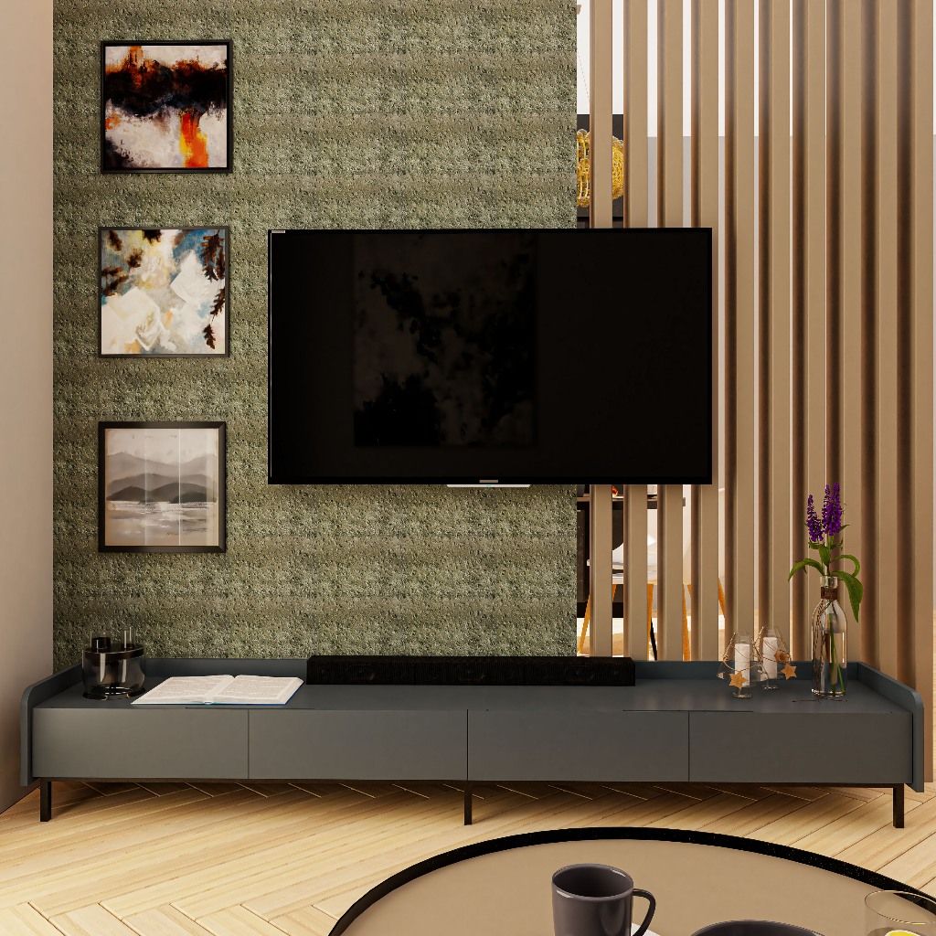 HAPPY FURNITURE , Kệ TV 4 ngăn kéo chân sắt - LAVIA , KTV_045 , 220cm x 40cm x 34cm