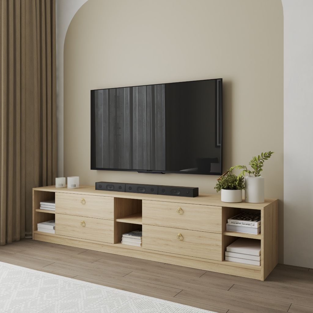 HAPPY FURNITURE , Kệ TV 4 ngăn kéo - MERI , KTV_090 , 200cm x 40cm x 45cm DxRxC