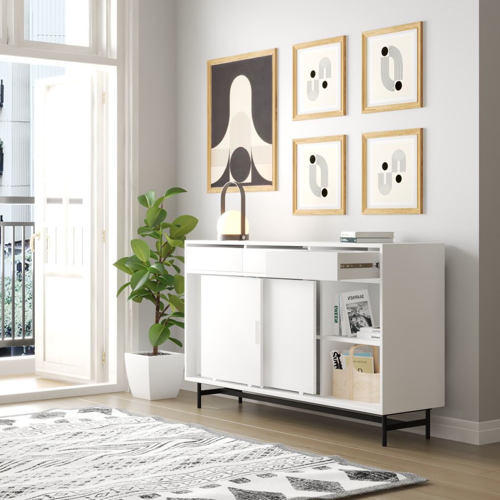 HAPPY FURNITURE , Tủ lưu trữ 3 cửa lùa chân sắt - LILY , TCL_016 , 150cm x 40cm x 90cm