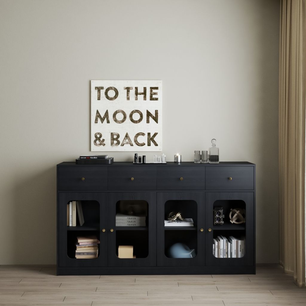 HAPPY FURNITURE , Tủ lưu trữ 4 cửa kính 4 ngăn kéo - NOAH , TCM_269 , 180cm x 40cm x 100cm DxRxC