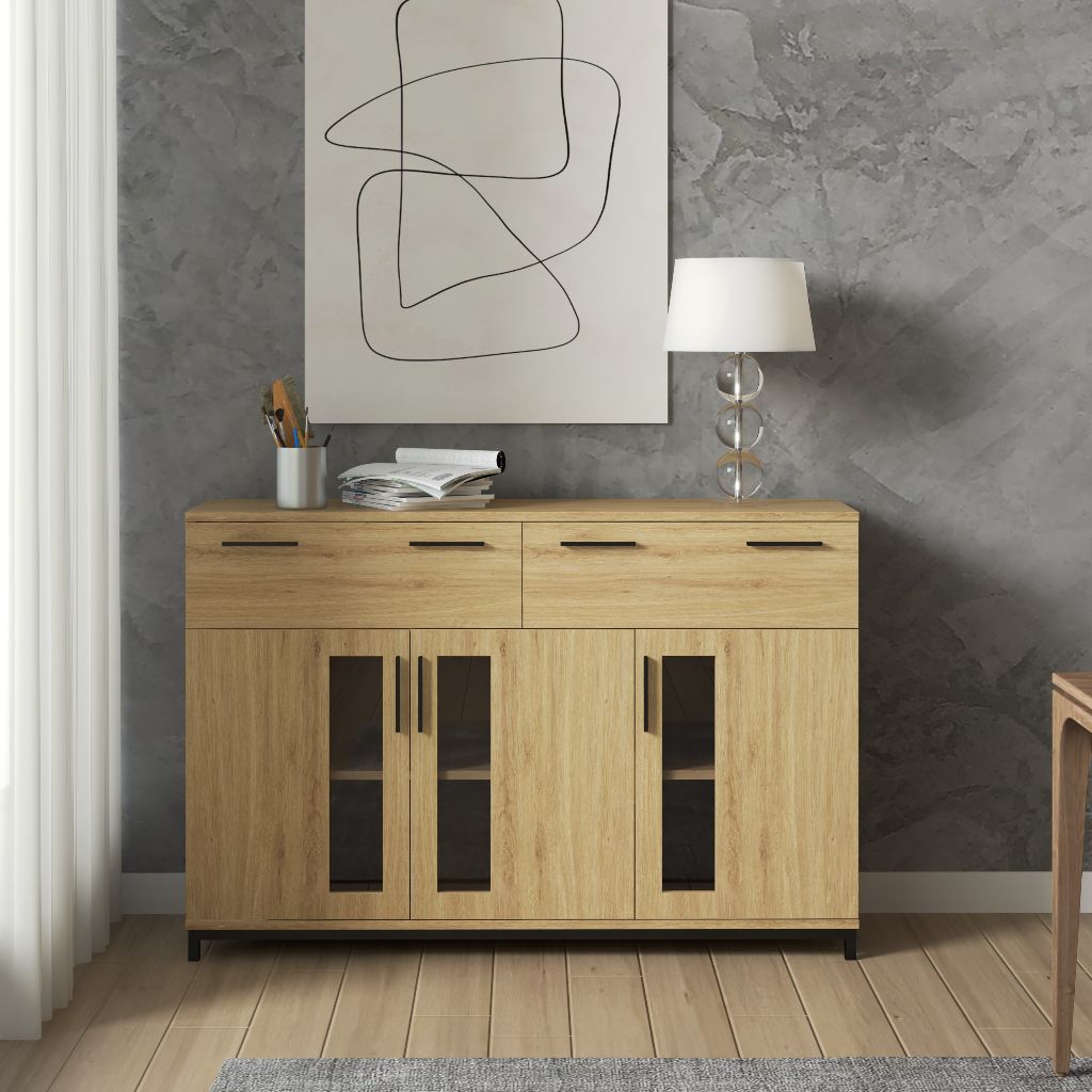HAPPY FURNITURE , Tủ lưu trữ 2 ngăn kéo 3 cửa mở chân sắt - LOUIS , THK_059 , 126cm x 36cm x 84cm