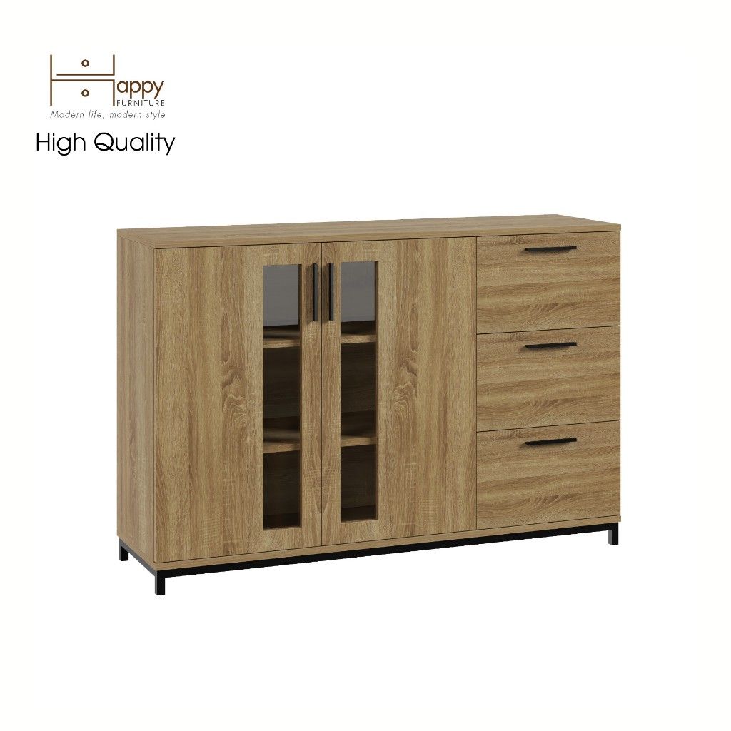 HAPPY FURNITURE , Tủ lưu trữ 3 ngăn kéo 2 cửa mở chân sắt - LOUIS , THK_058 , 126cm x 36cm x 84cm