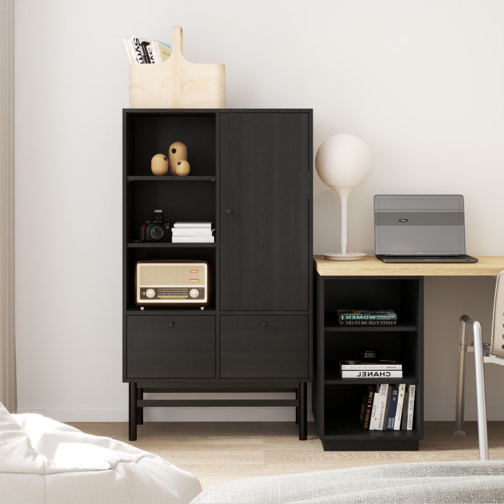 HAPPY FURNITURE , Kệ sách 2 ngăn kéo 1 cửa mở chân sắt - CATY , KSA_024 , 80cm x 39cm x 140cm
