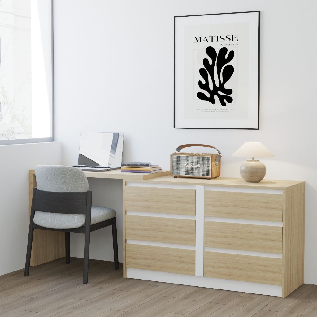HAPPY FURNITURE , Tủ lưu trữ 6 ngăn kéo kết hợp bàn - ELIS , BAN_173 , 204cm x 45cm x 72cm DxRxC