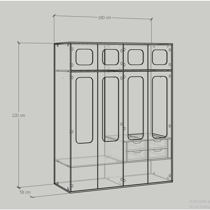 HAPPY FURNITURE , Tủ quần áo 1m8x2m2 cánh mây - MEYDAN , TCM_053 , 180cm x 58cm x 220cm