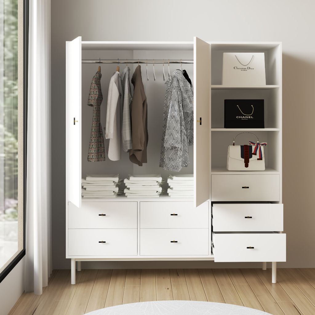 HAPPY FURNITURE , Tủ quần áo 2 cánh mở chân sắt - BECKY , TCM_014 , 160cm x 55cm x 180cm