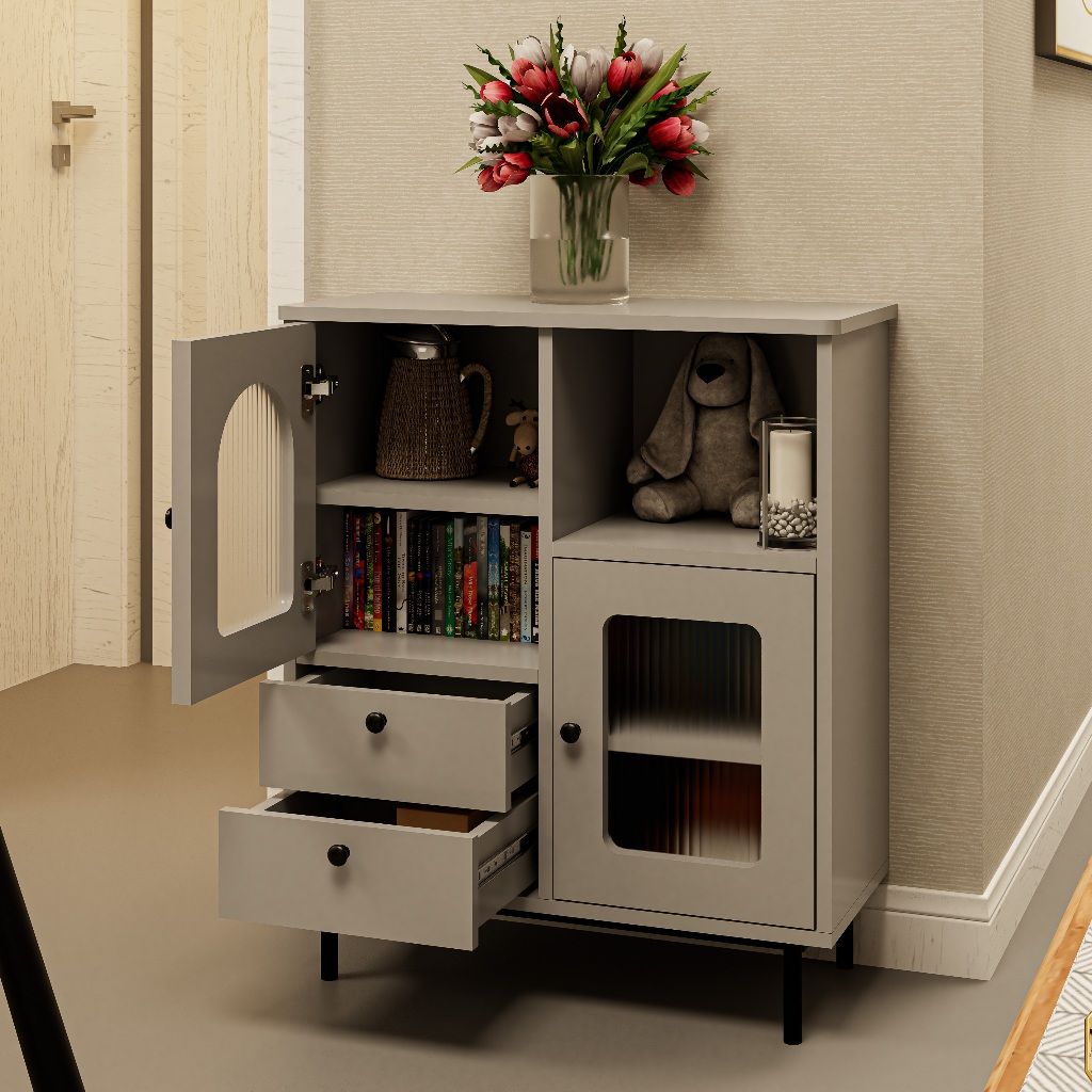 HAPPY FURNITURE , Tủ lưu trữ cửa kính 2 cửa mở Chân sắt - SISEEL , TLT_010 , 70cm x 32cm x 82cm
