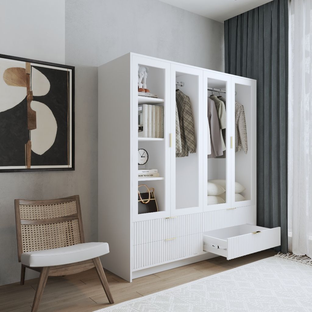 HAPPY FURNITURE , Tủ quần áo 4 cửa kính 4 ngăn kéo - NAMI, TCM_220 , 160cm x 54cm x 180cm DxRxC