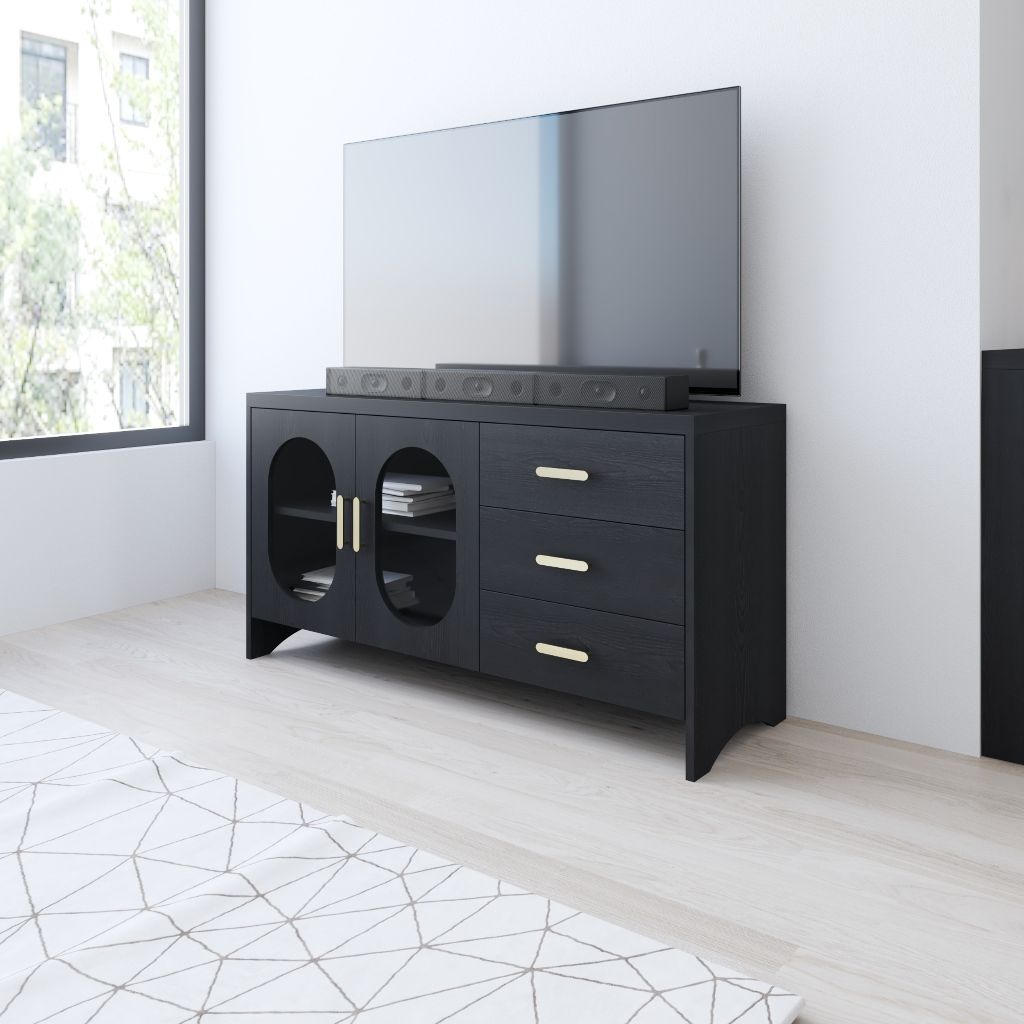 HAPPY FURNITURE , Kệ TV 2 cửa kính 3 ngăn kéo - CHEVY, KTV_077 , 120cm x 40cm x 64cm DxRxC
