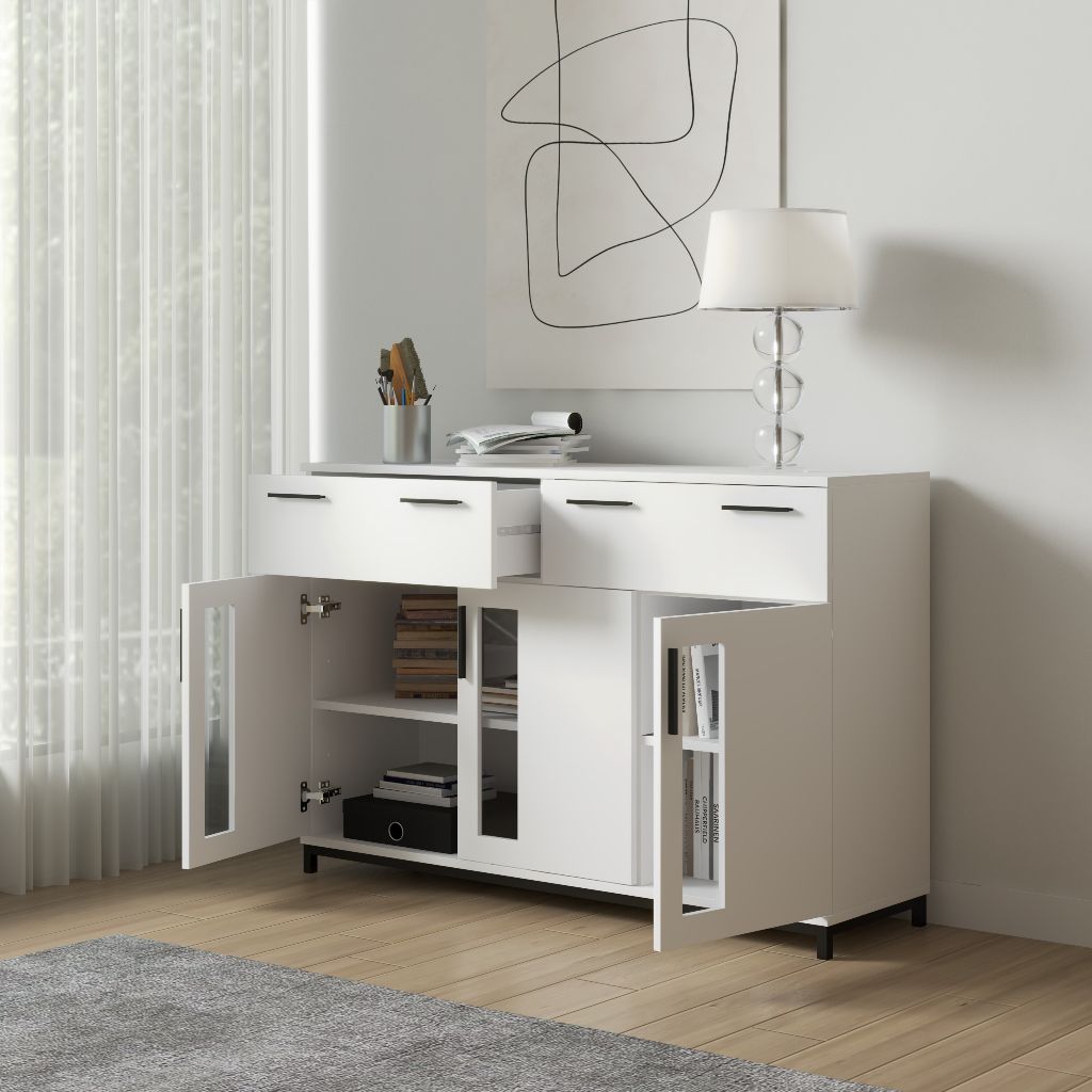 HAPPY FURNITURE , Tủ lưu trữ 2 ngăn kéo 3 cửa mở chân sắt - LOUIS , THK_059 , 126cm x 36cm x 84cm