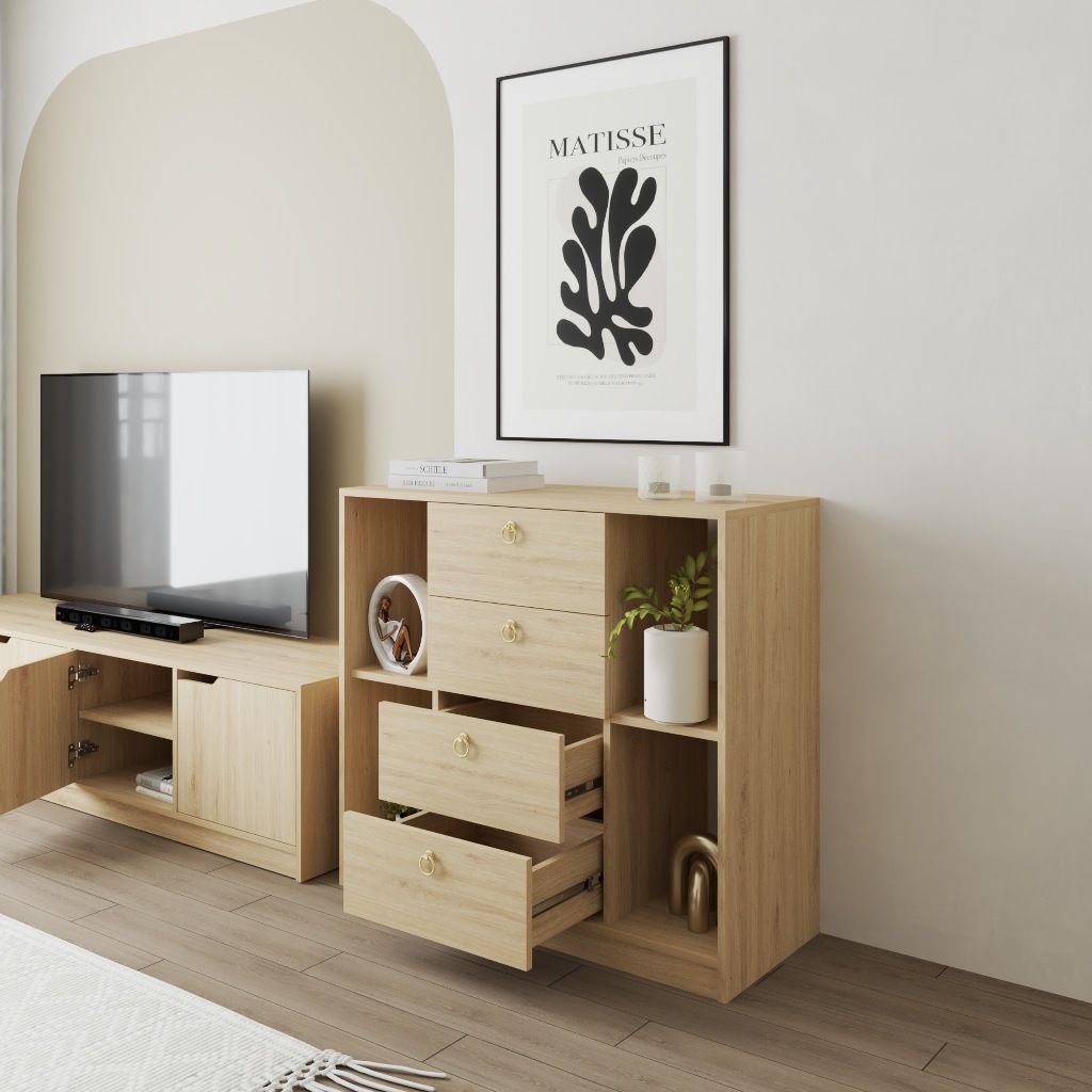 HAPPY FURNITURE , Tủ lưu trữ 4 ngăn kéo - MERI , THK_297 , 100cm x 40cm x 90cm DxRxC