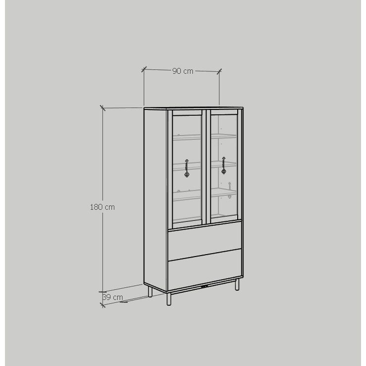 HAPPY FURNITURE , Kệ sách 6 tầng cửa kính 2 ngăn kéo chân sắt - CATY , KSA_019 , 90cm x 39cm x 180cm