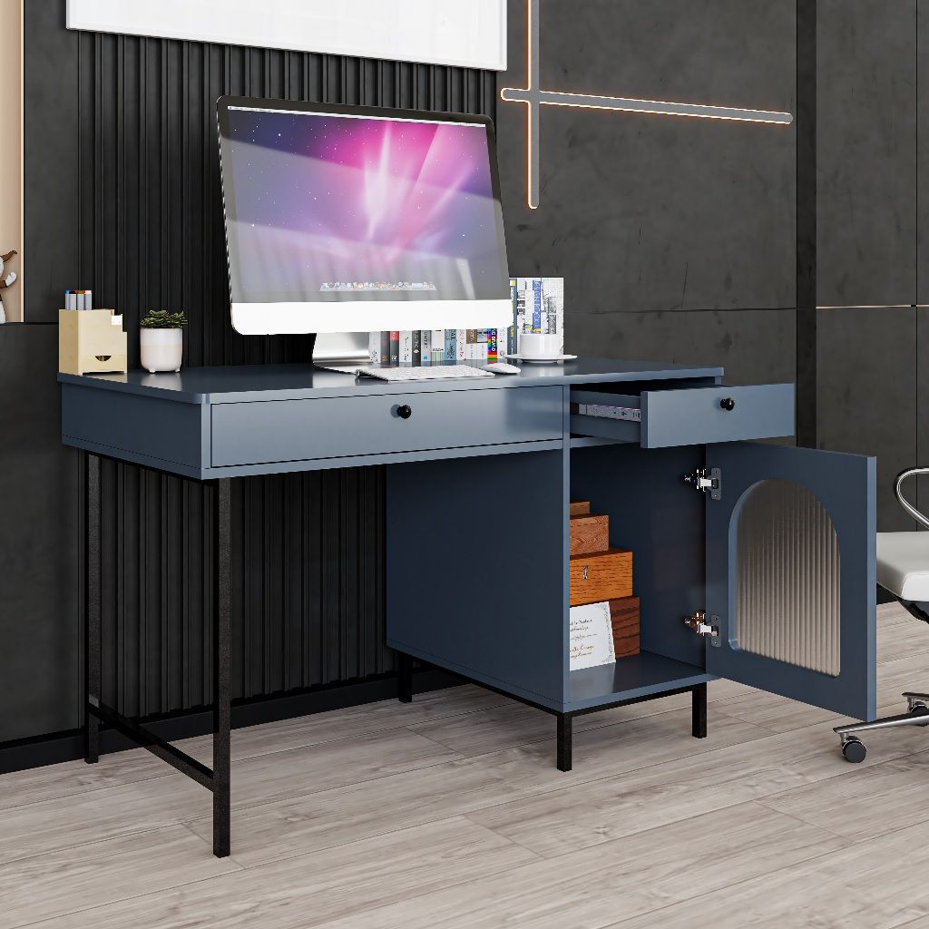 HAPPY FURNITURE , Bàn làm việc 2 ngăn kéo 1 cửa mở chân sắt - SISEEL , BAN_094 , 120cm x 59cm x 75cm