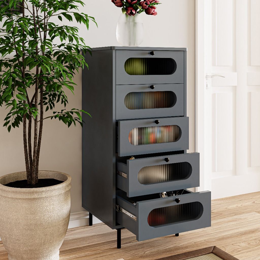 HAPPY FURNITURE , Tủ lưu trữ 5 ngăn kéo chân sắt - SISEEL , THK_172 , 50cm x 45cm x 110cm