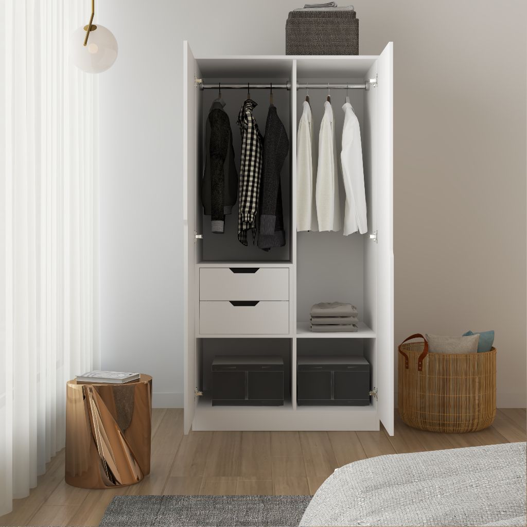 HAPPY FURNITURE , Tủ quần áo 2 cửa mở 2 ngăn kéo - DASH , TCM_022 , 90cm x 58cm x 180cm