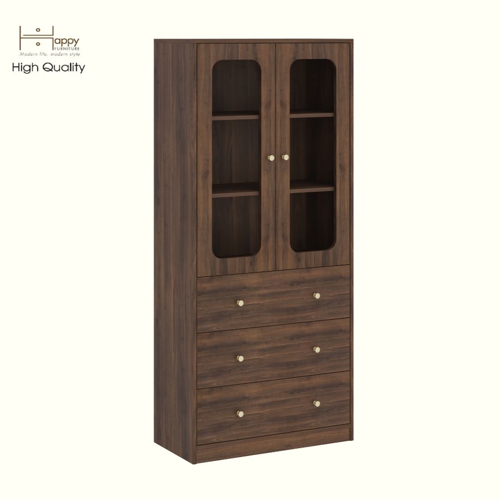 HAPPY FURNITURE , Tủ lưu trữ 2 cửa kính 3 ngăn kéo - NOAH , TCM_270 , 80cm x 40cm x 180cm DxRxC