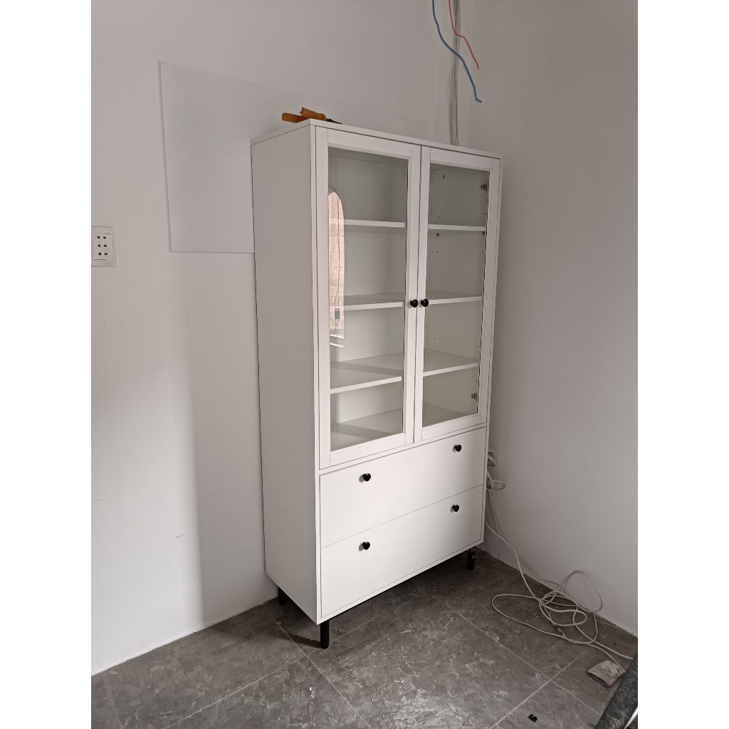 HAPPY FURNITURE , Kệ sách 6 tầng cửa kính 2 ngăn kéo chân sắt - CATY , KSA_019 , 90cm x 39cm x 180cm