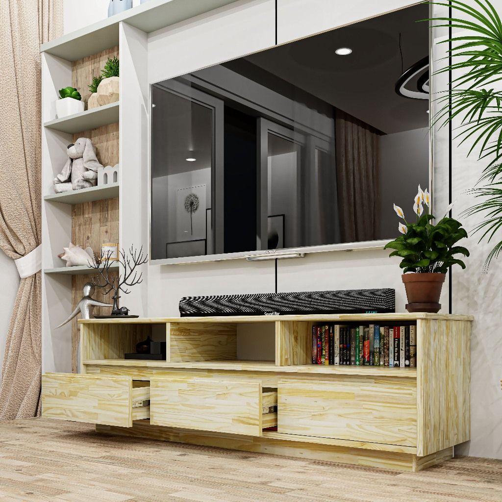 HAPPY FURNITURE , Gỗ tự nhiên , Kệ TV 3 ngăn kéo - GALI , KTV_055 , 150cm x 40cm x 46cm