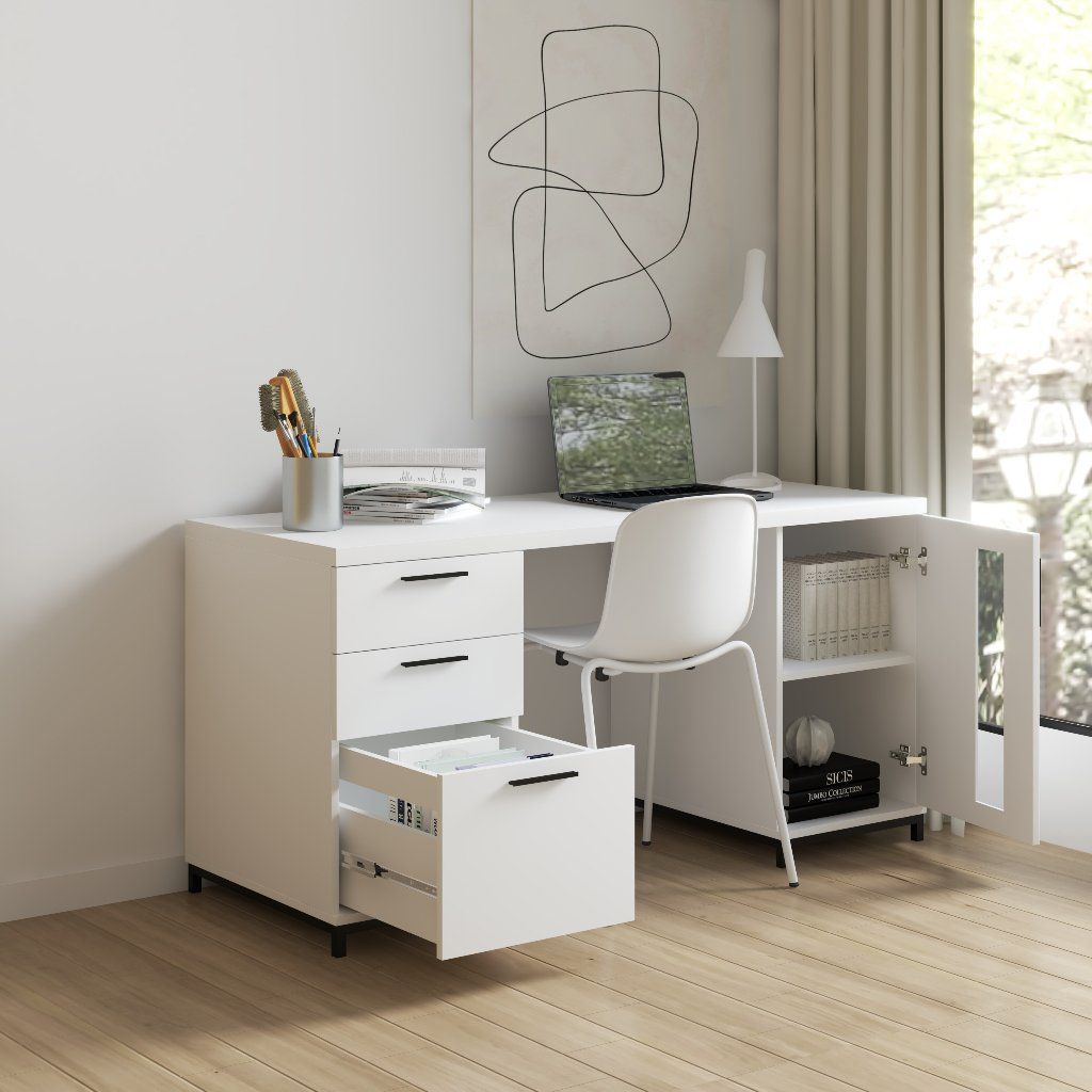 HAPPY FURNITURE , Bàn làm việc 3 ngăn kéo chân sắt - LOUIS , BAN_035 , 150cm x 60cm x 75cm