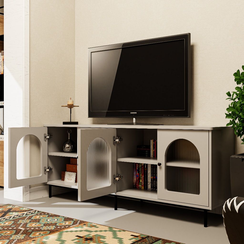 HAPPY FURNITURE , Kệ TV 4 cánh mở chân sắt - SISEEL , KTV_051 , 160cm x 40cm x 64cm