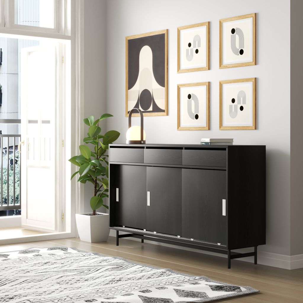 HAPPY FURNITURE , Tủ lưu trữ 3 cửa lùa chân sắt - LILY , TCL_016 , 150cm x 40cm x 90cm
