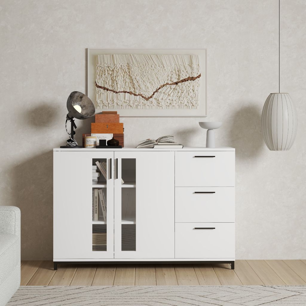 HAPPY FURNITURE , Tủ lưu trữ 3 ngăn kéo 2 cửa mở chân sắt - LOUIS , THK_058 , 126cm x 36cm x 84cm