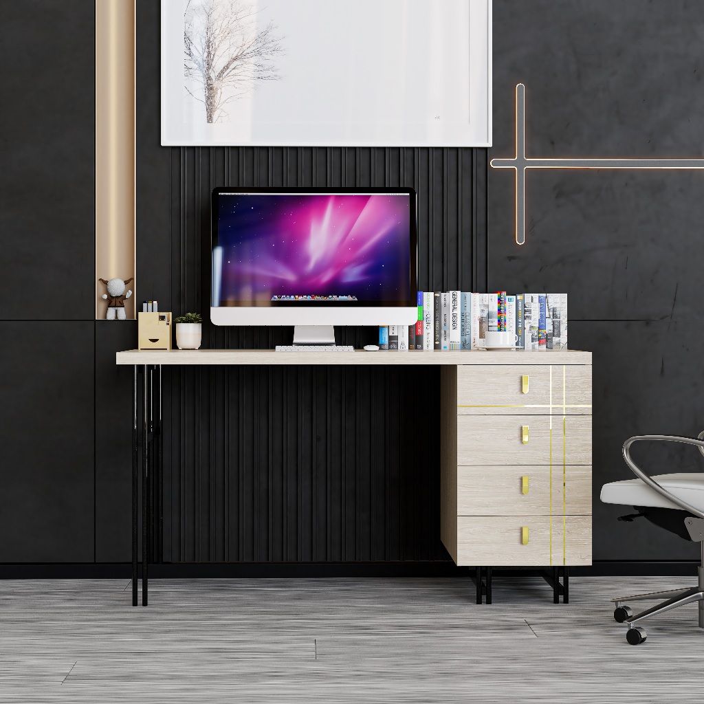 HAPPY FURNITURE , Gỗ tự nhiên , Bàn làm việc 4 ngăn kéo chân sắt - JOCASTA , BAN_091 , 140cm x 59cm x 75cm